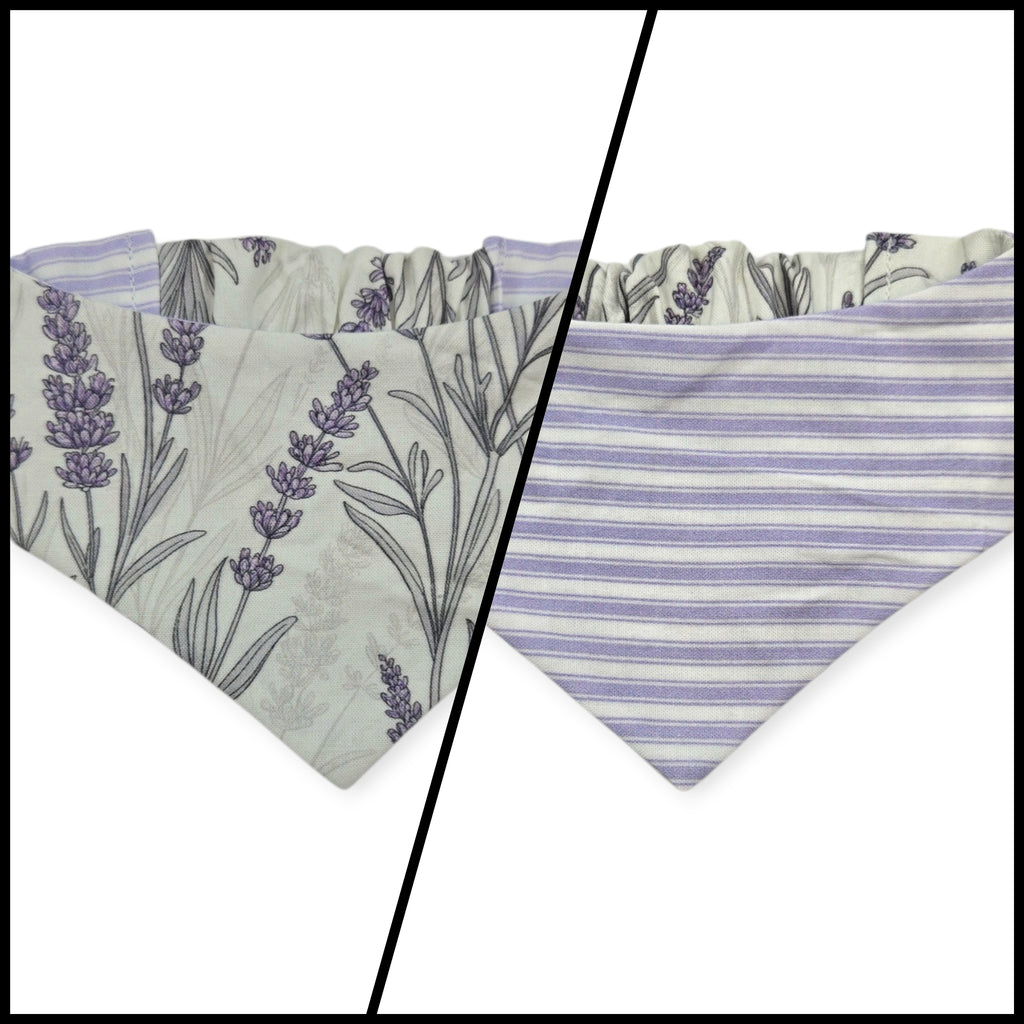 Elegant Lavender Floral/Purple Ticking Stripe Reversible Slip-on Scrunchie Bandana (Small)
