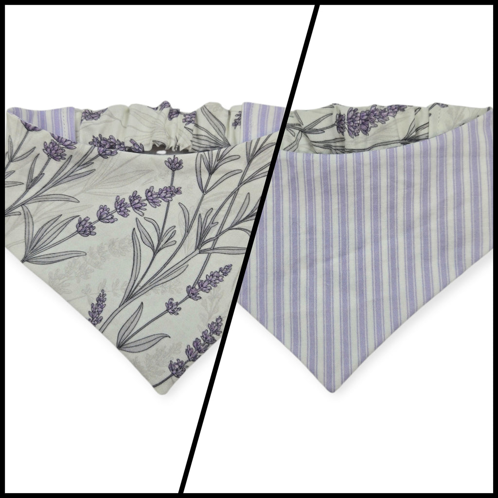 Elegant Lavender Floral/Purple Ticking Stripe Reversible Slip-on Scrunchie Bandana (Small/Medium)