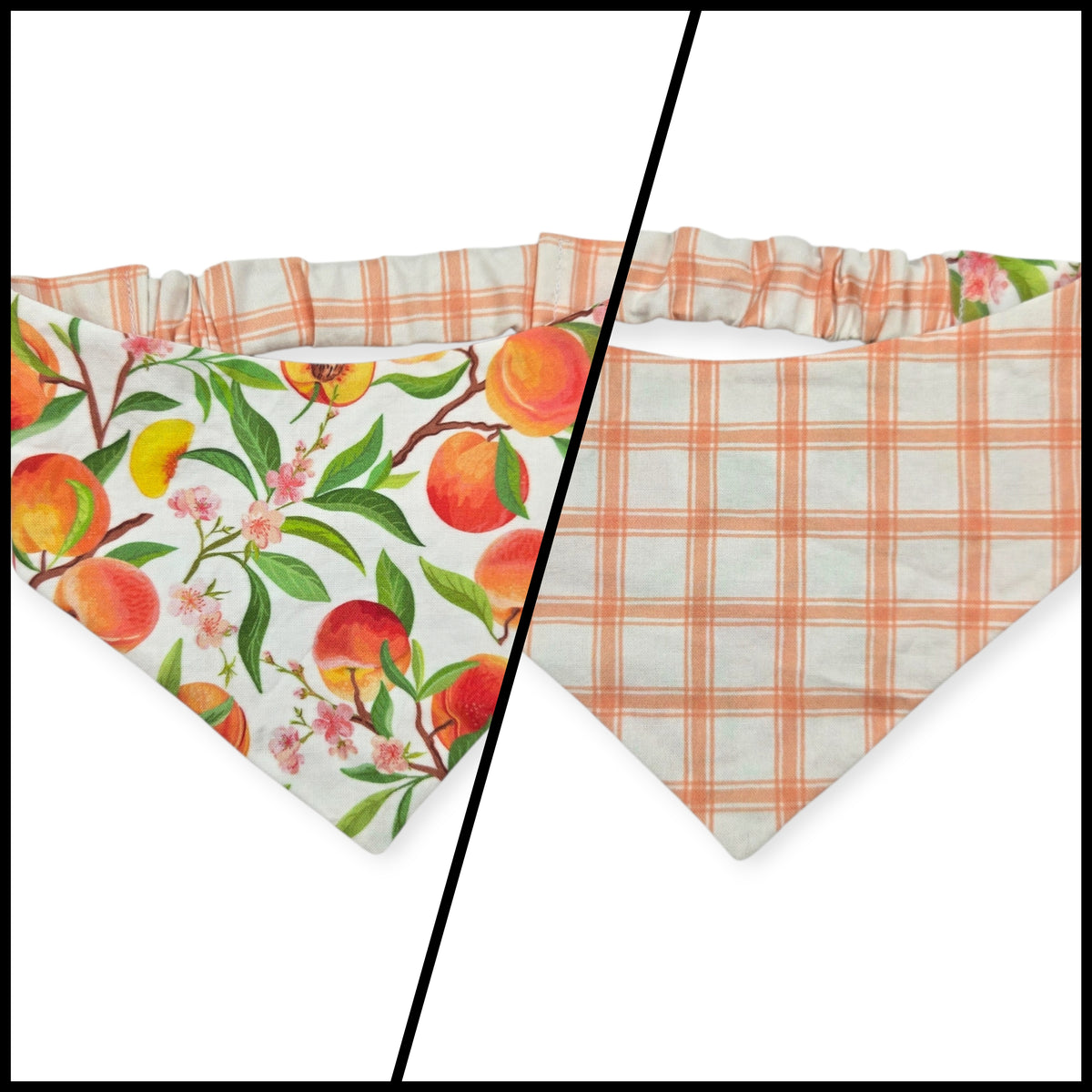 Peach Tree on White/Peach Windowpane Plaid Reversible Slip-on Scrunchie Bandana (Small/Medium)