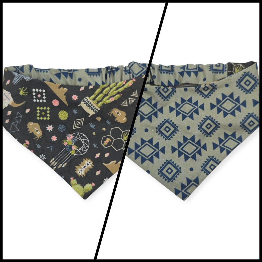 Boho Southwestern Desert/ Alpaca Teal Southwestern Reversible Slip-on Scrunchie Bandana (Medium)