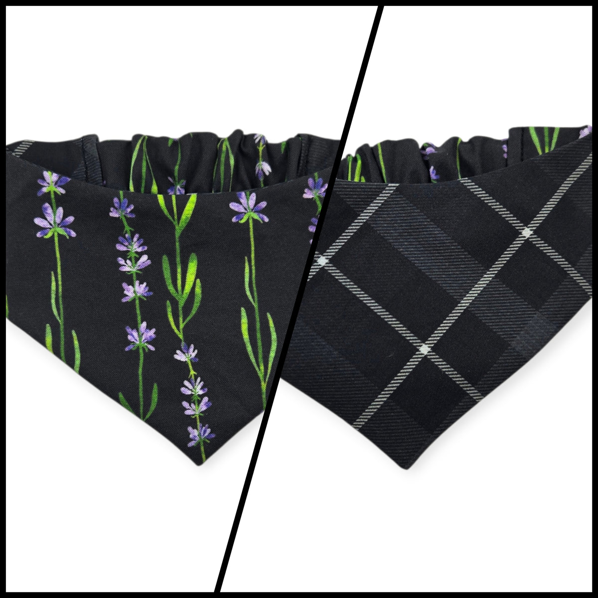 Dark Lavender Wildflowers/Black Plaid Reversible Slip-on Scrunchie Bandana (Small)