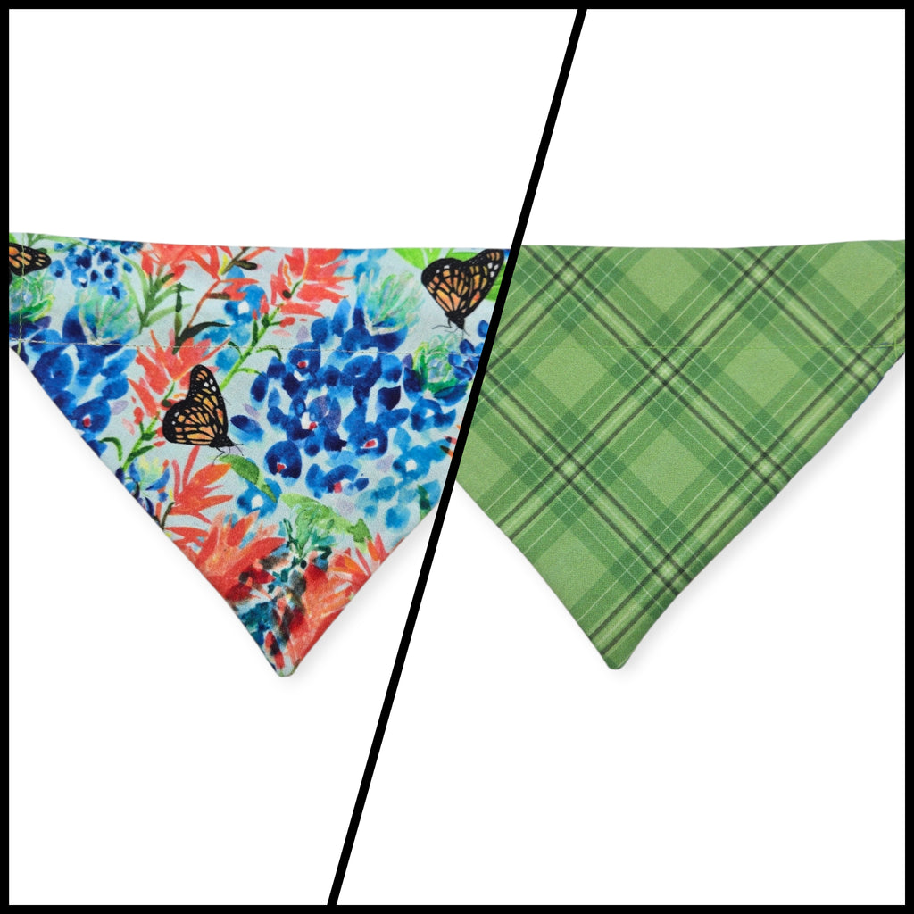 Indian Paintbrush & Bluebonnet/Green Plaid Reversible Slide-on Bandana (Small)