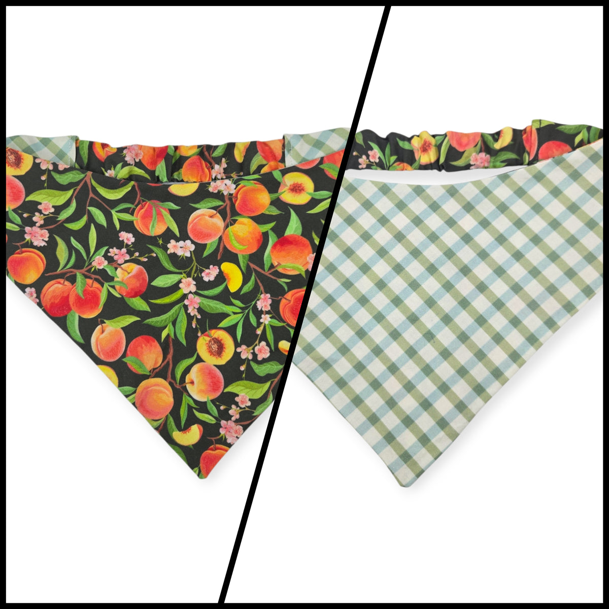 Peach Tree on Black/Green & Blue Spring Plaid Reversible Slip-on Scrunchie Bandana (Large)