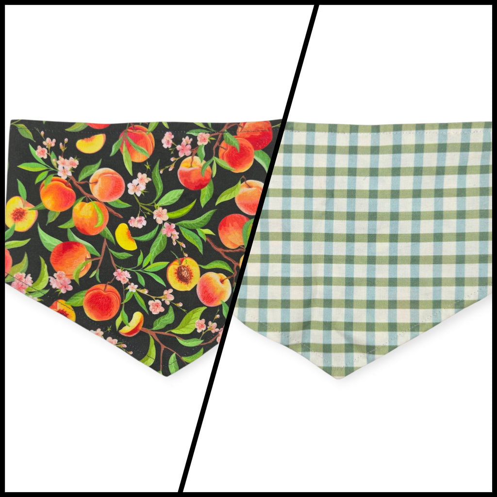 Peach Tree on Black/Green & Blue Spring Plaid Reversible Tie-on Bandana (Large)