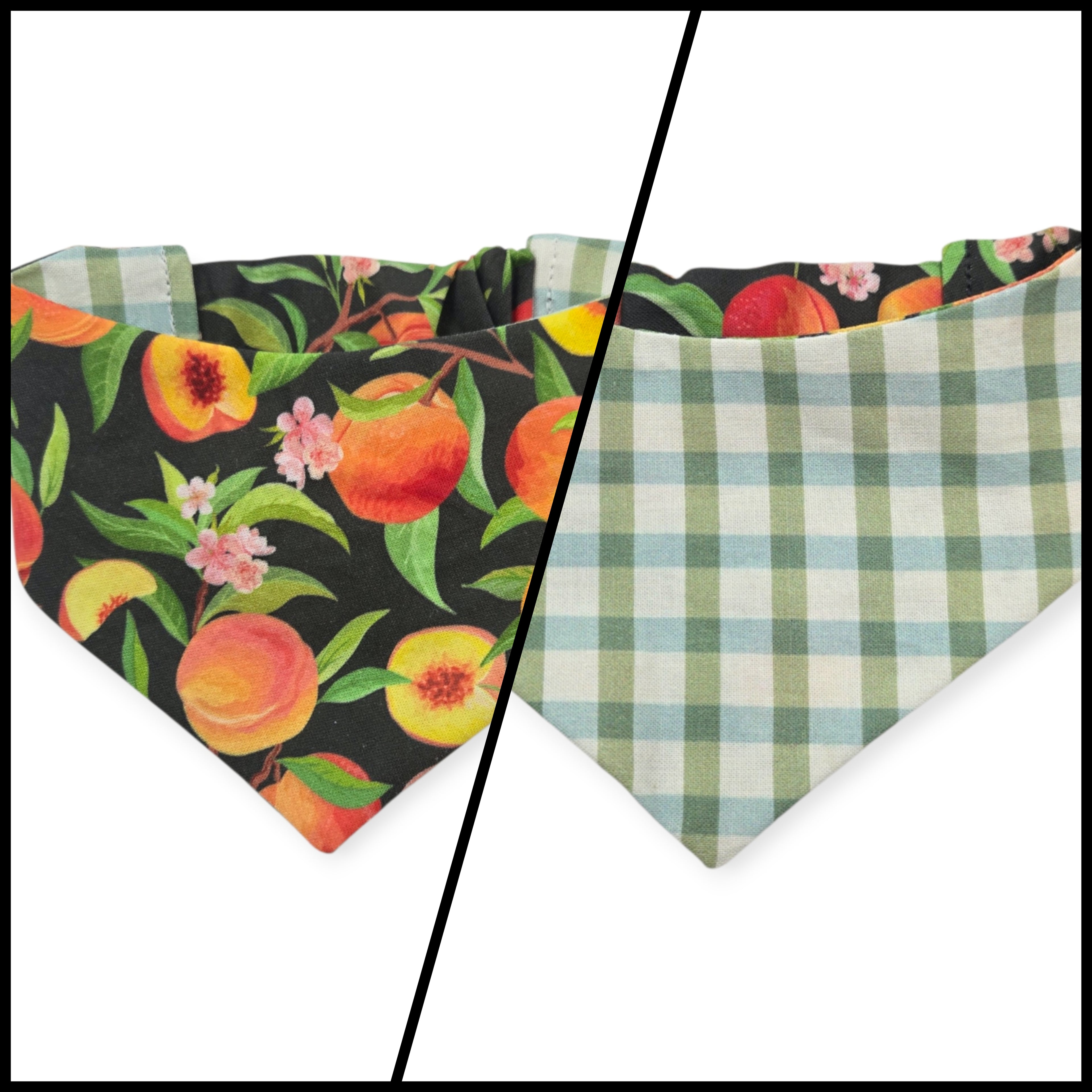 Peach Tree on Black/Green & Blue Spring Plaid Reversible Slip-on Scrunchie Bandana (Small)