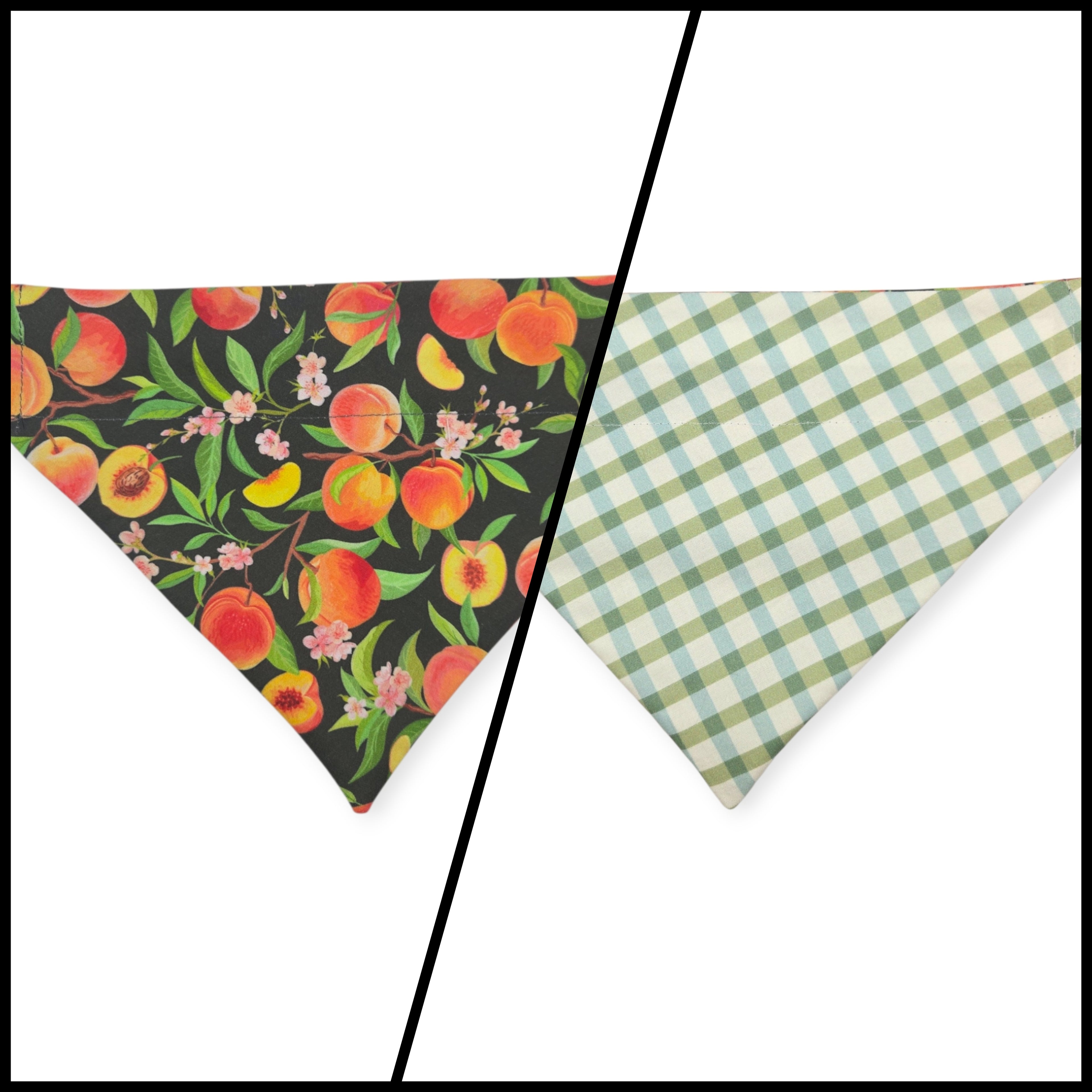Peach Tree on Black/Green & Blue Spring Plaid Reversible Slide-on Bandana (Medium)