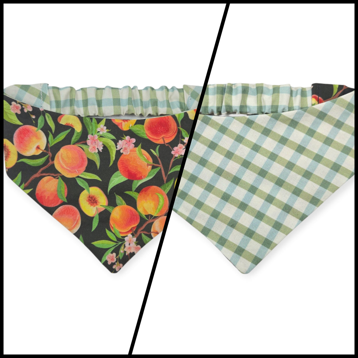 Peach Tree on Black/Green & Blue Spring Plaid Reversible Slip-on Scrunchie Bandana (Small/Medium)