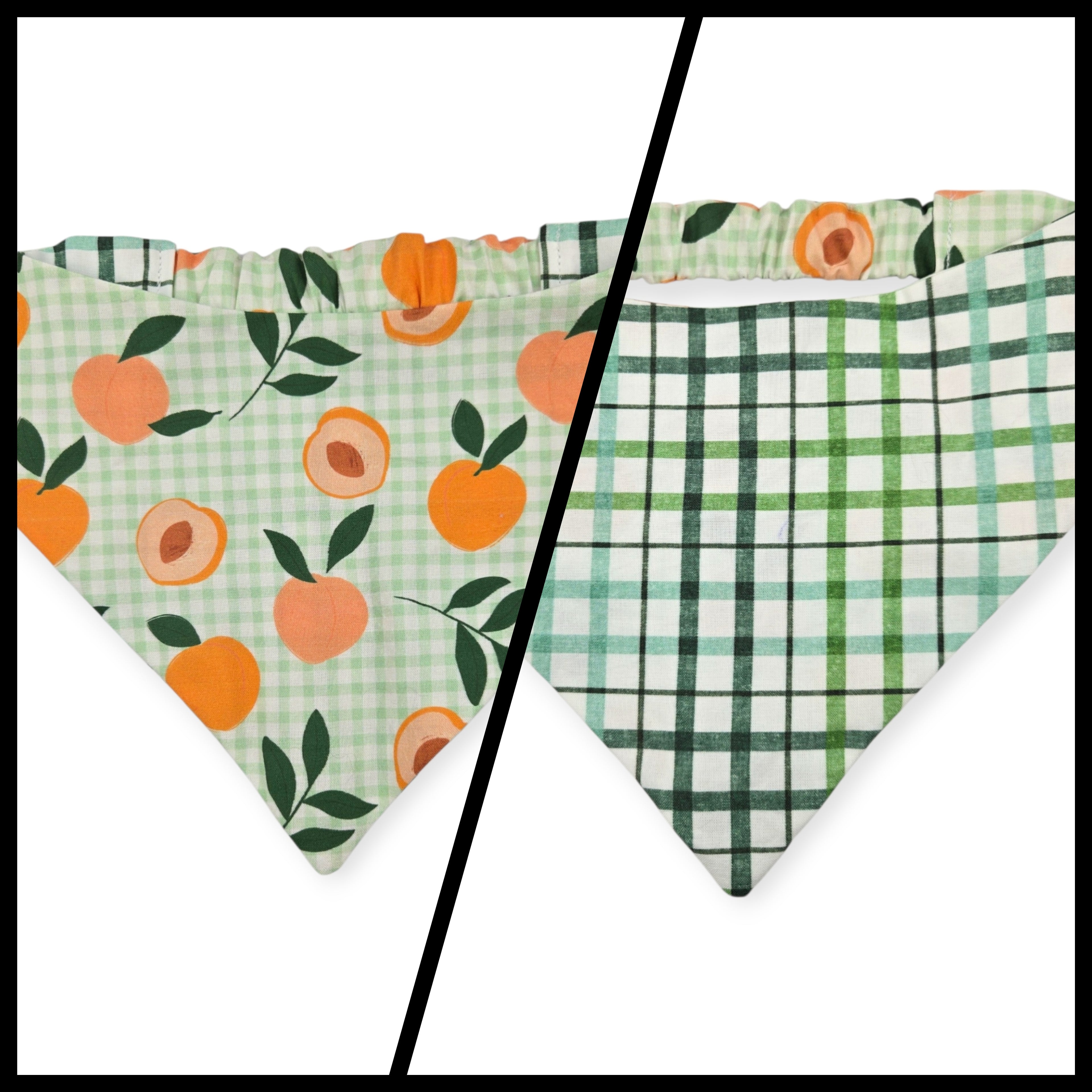 Peaches and Leaves Gingham Plaid/Multi Green Plaid Reversible Slip-on Scrunchie Bandana (X-Large)