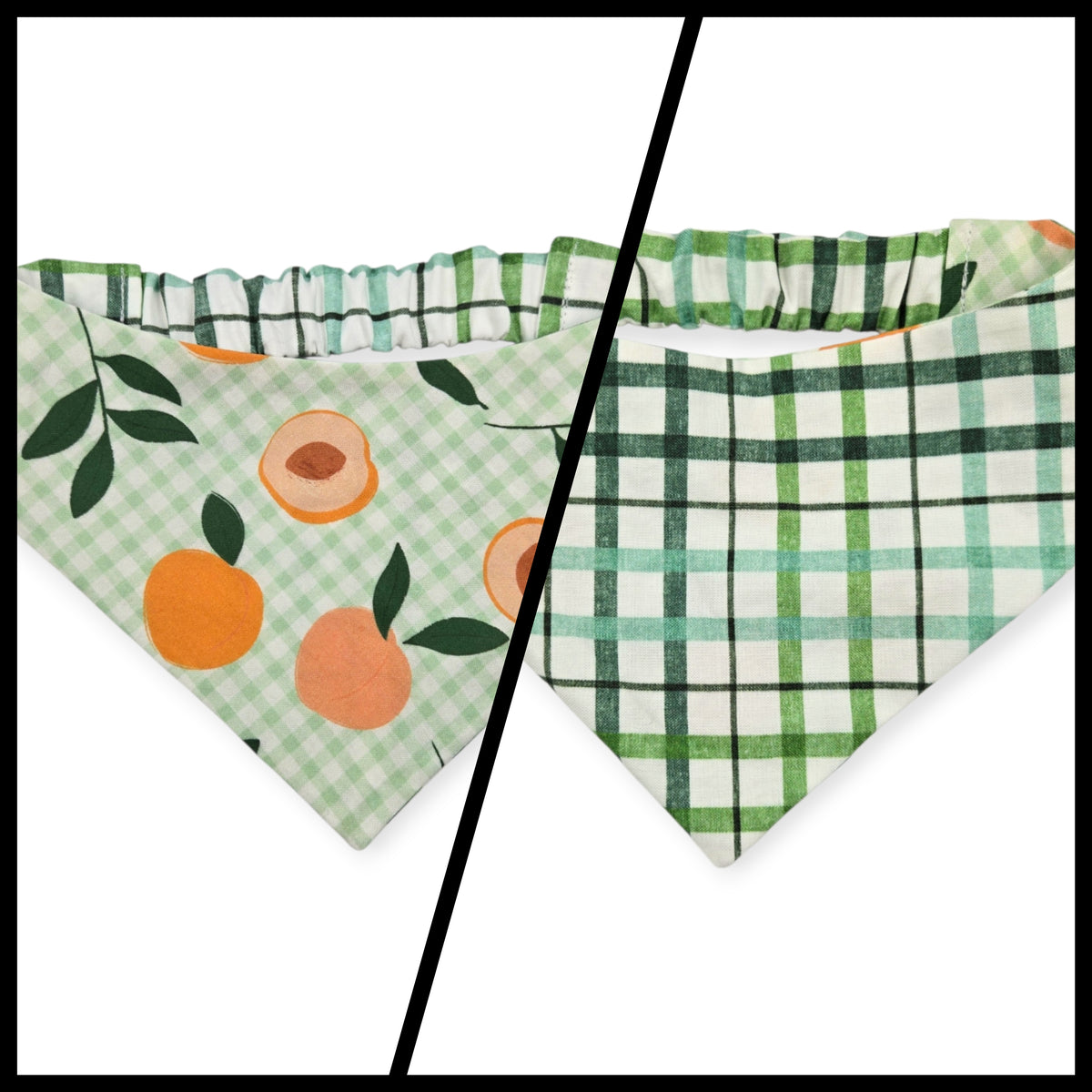 Peaches and Leaves Gingham Plaid/Multi Green Plaid Reversible Slip-on Scrunchie Bandana (Small/Medium)