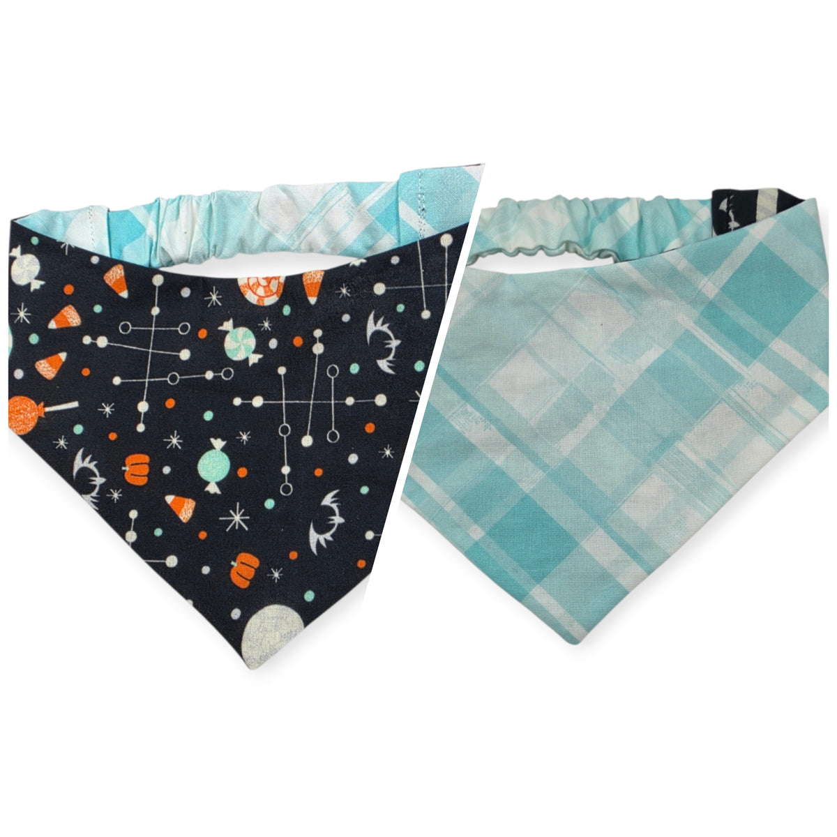 Halloween Candy/Faded Madras Diagonal Plaid Reversible Slip-on Scrunchie Bandana (Medium/Large)
