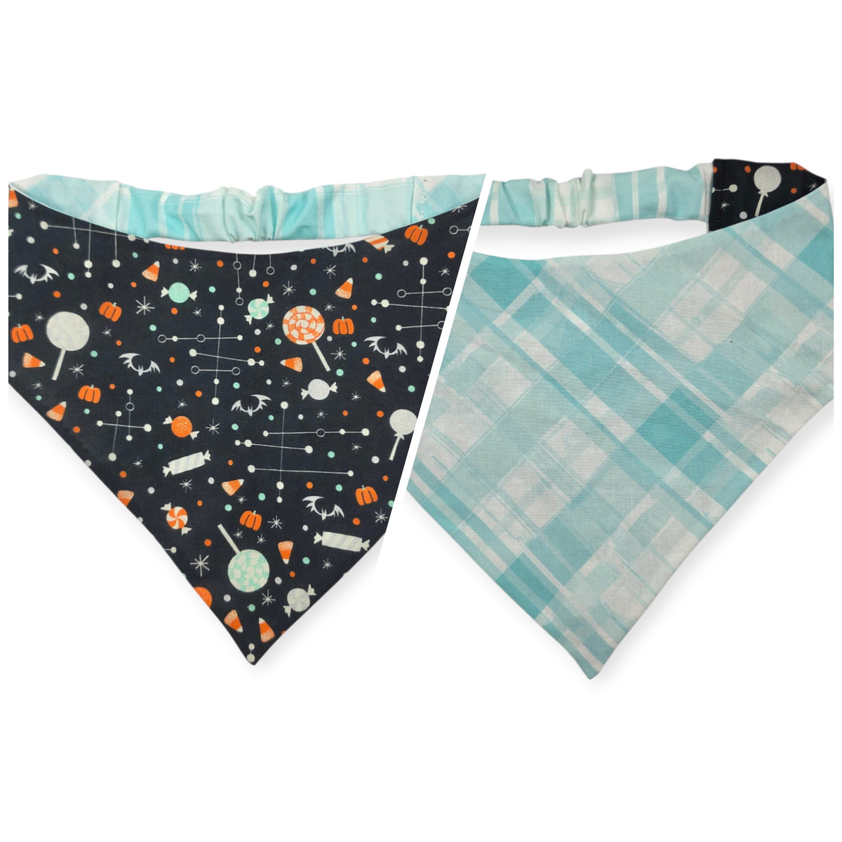 Halloween Candy/Faded Madras Diagonal Plaid Reversible Slip-on Scrunchie Bandana (Large/X-Large)
