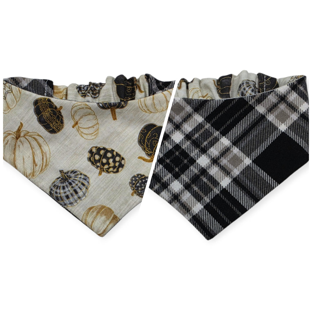 Pumpkin Quilt/Gray & Tan Plaid Reversible Slip-on Scrunchie Bandana (X-Small/Small)