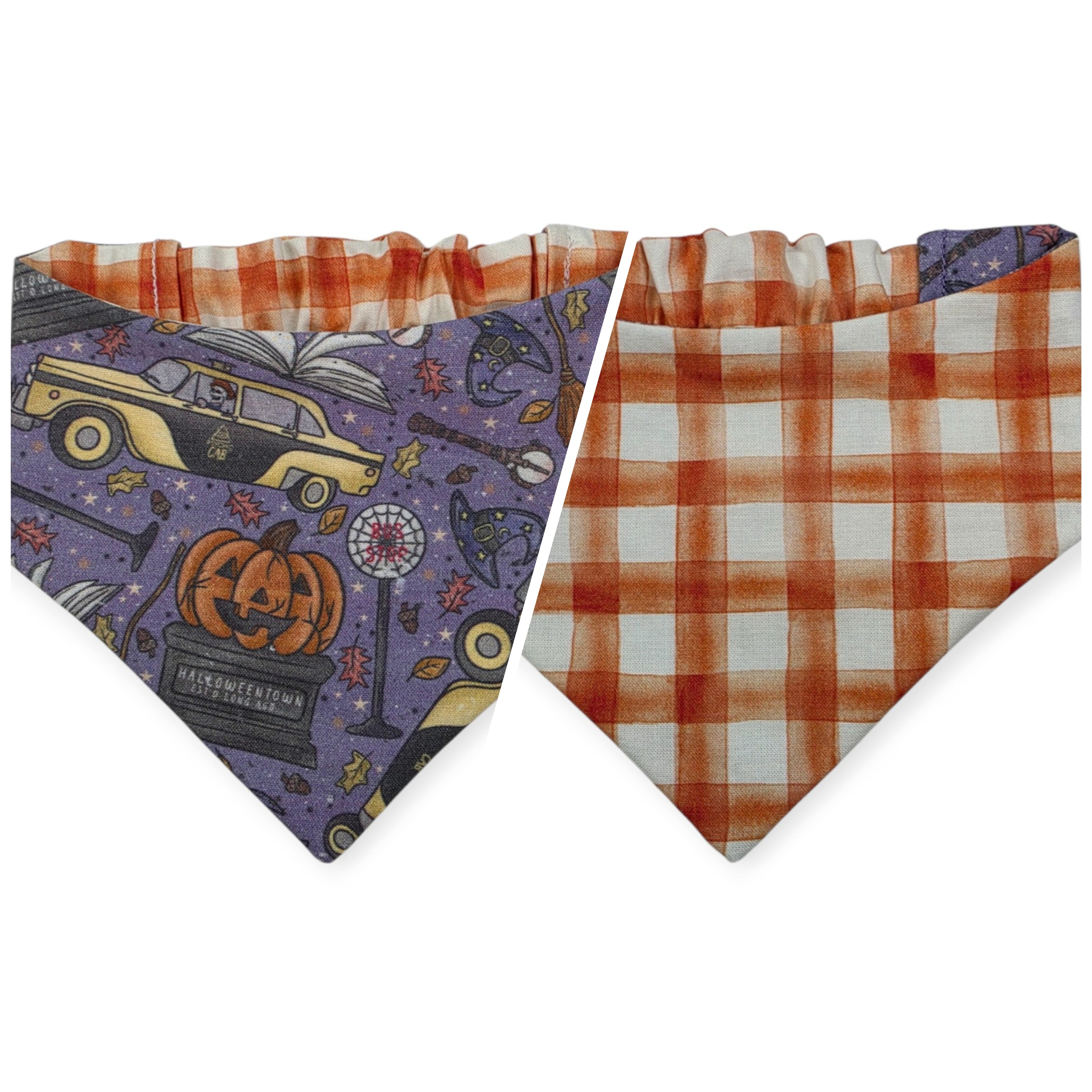 Halloweentown/Orange Painted Gingham Check Reversible Slip-on Scrunchie Bandana (X-Small/Small)
