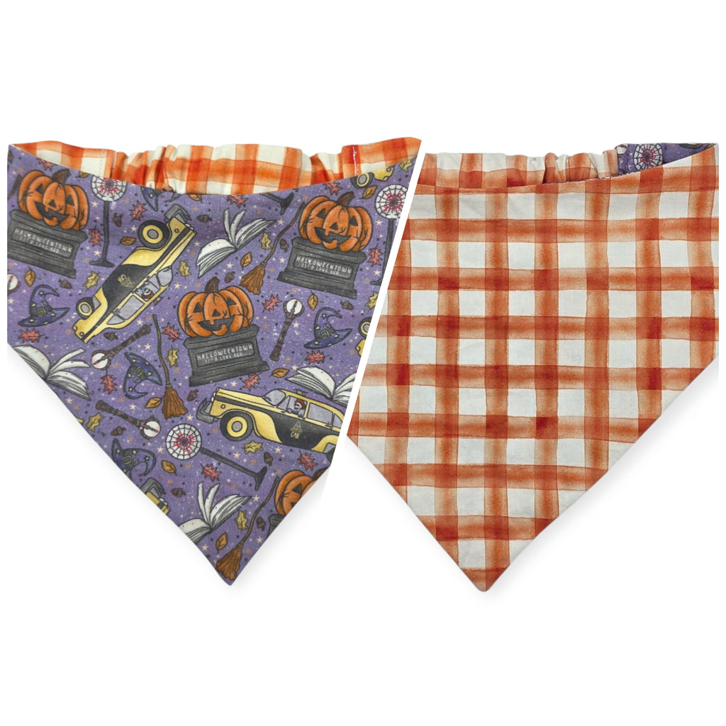 Halloweentown/Orange Painted Gingham Check Reversible Slip-on Scrunchie Bandana (Medium/Large)