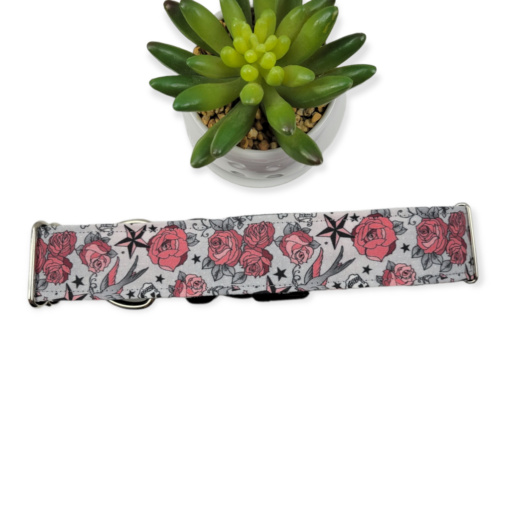 Tattoo Roses Dog Collar (X-Large, 1.5" wide)