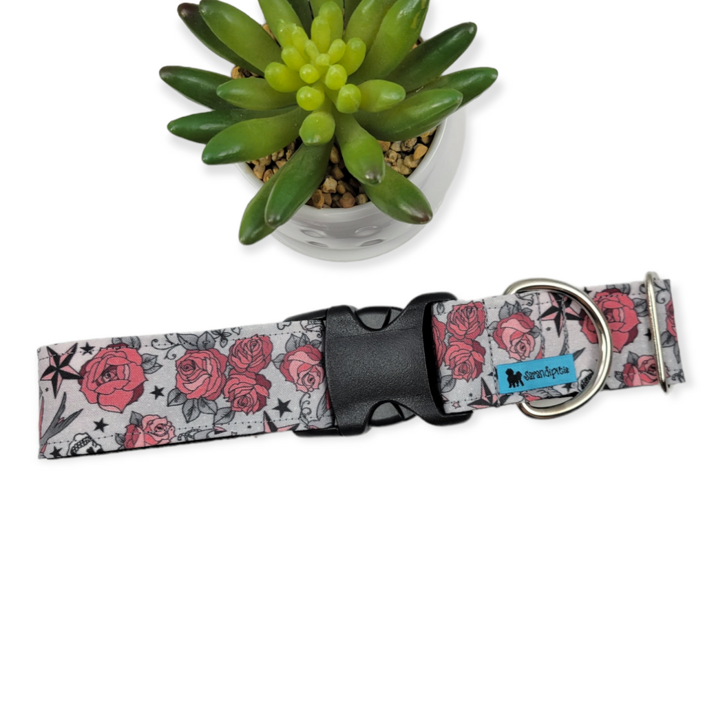 Tattoo Roses Dog Collar (X-Large, 1.5" wide)