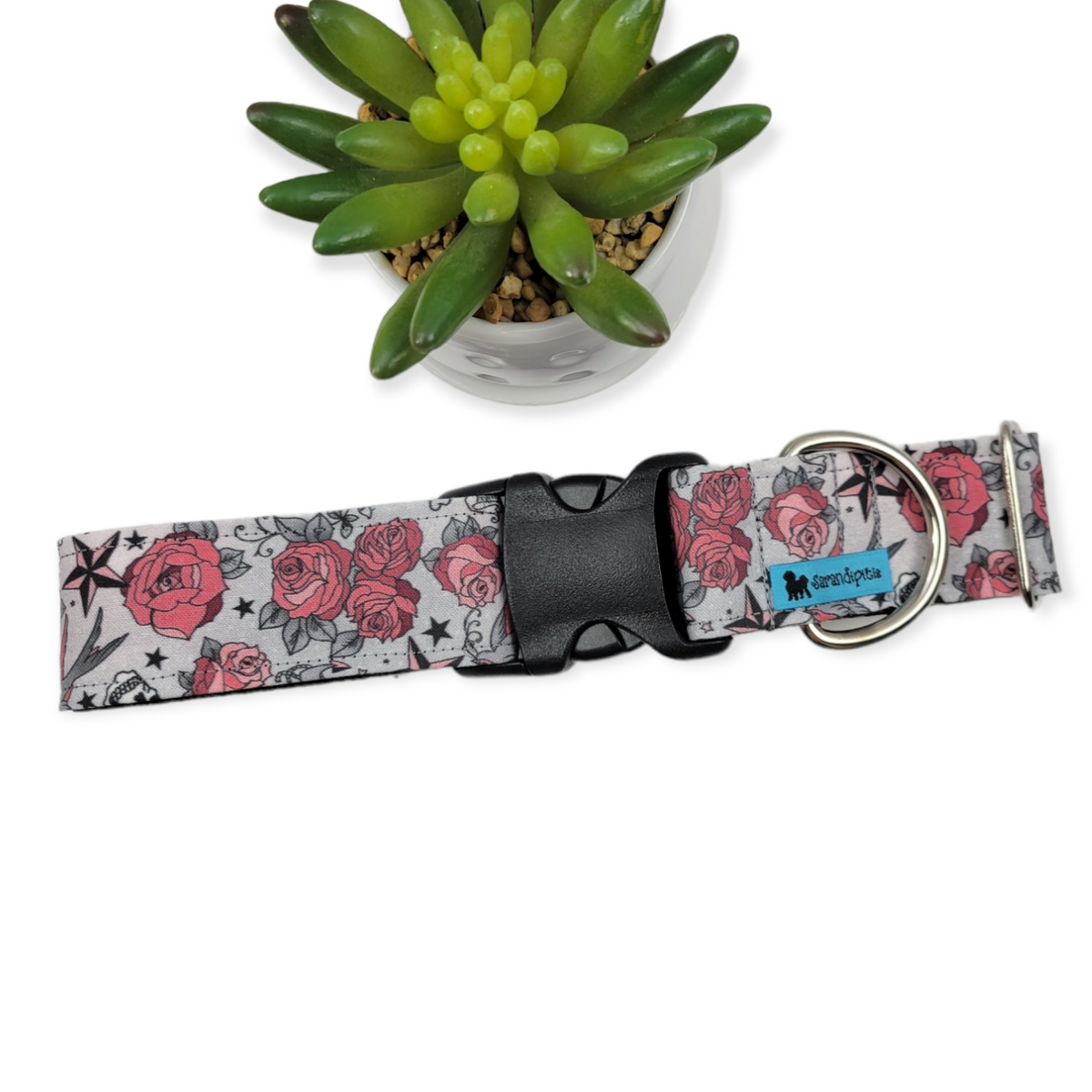 Tattoo Roses Dog Collar (X-Large, 1.5" wide)
