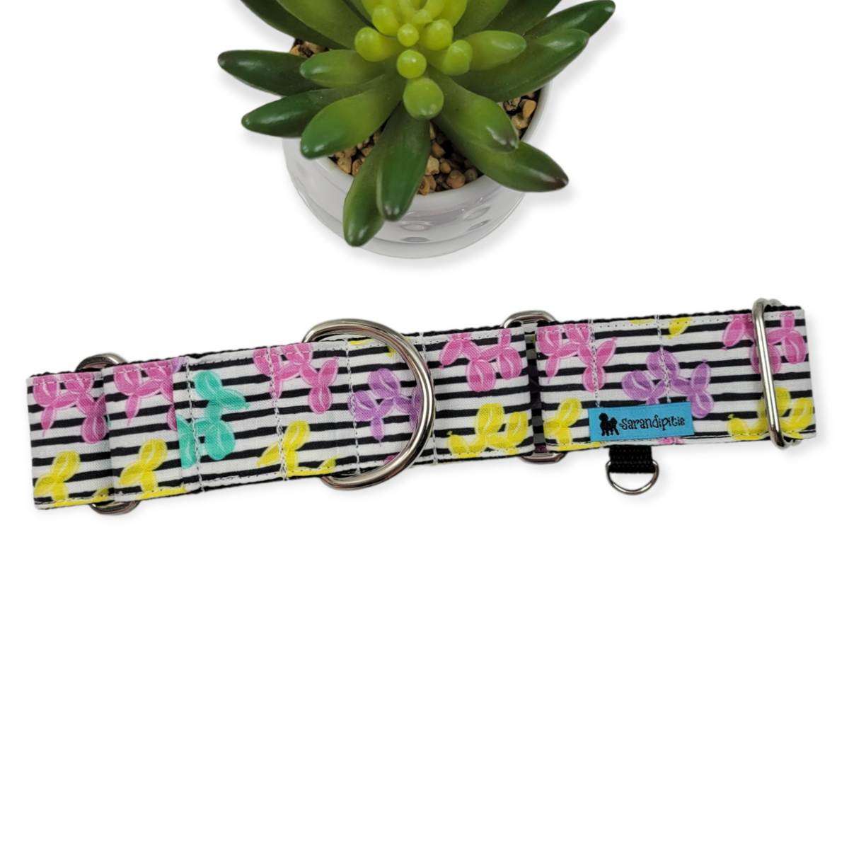 Balloons Dogs on Stripes Martingale Dog Collar (Large, 1.5" wide)