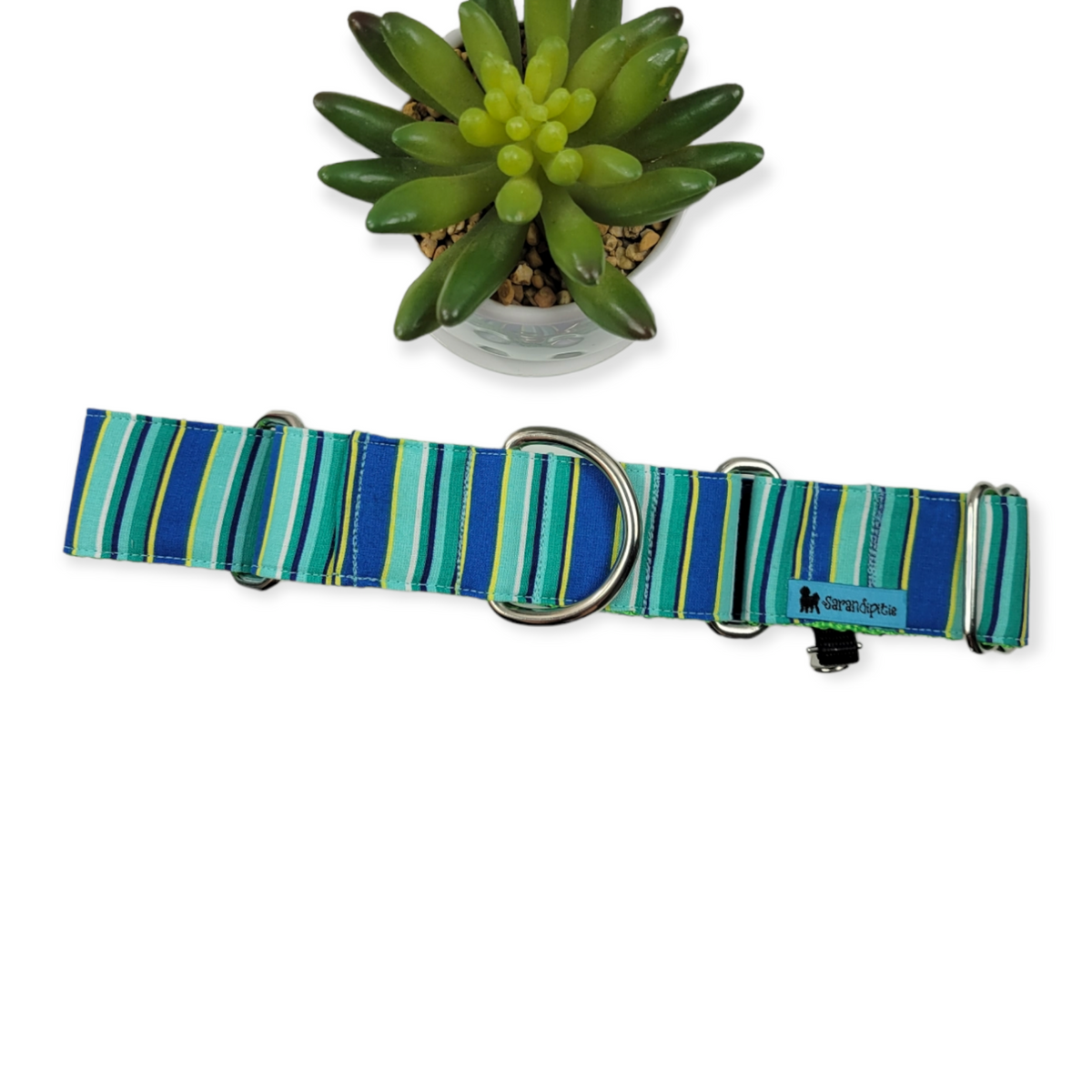 Green & Blue Stripes Martingale Dog Collar (Large, 1.5" wide)
