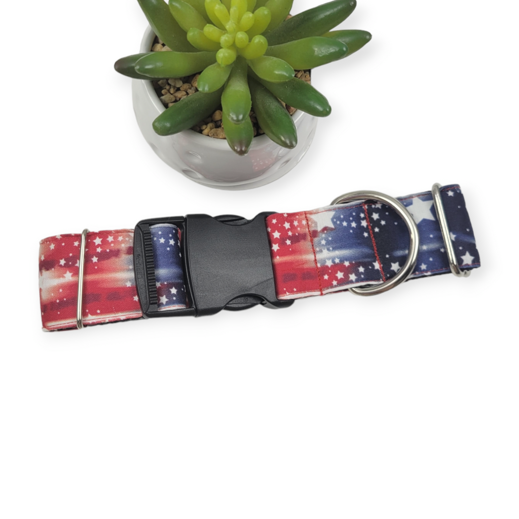 Tie Dye Star Stripe Patriotic Dog Collar (Large, 1.5" wide)