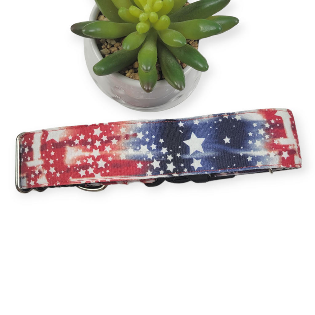 Tie Dye Star Stripe Patriotic Dog Collar (Large, 1.5" wide)