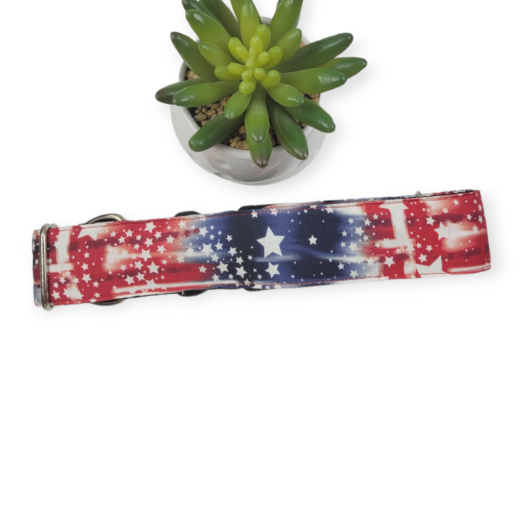 Tie Dye Star Stripe Patriotic Dog Collar (X-Large, 1.5" wide)
