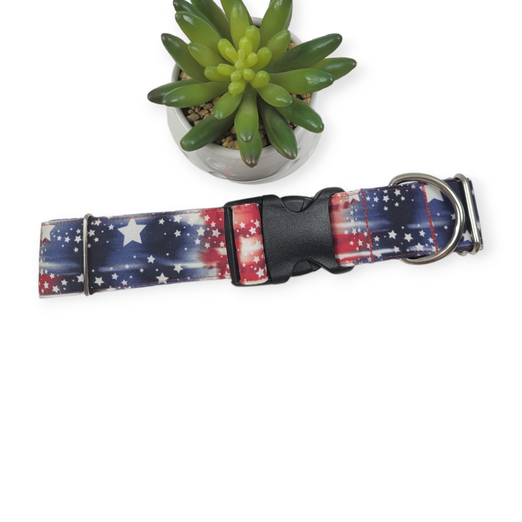 Tie Dye Star Stripe Patriotic Dog Collar (X-Large, 1.5" wide)