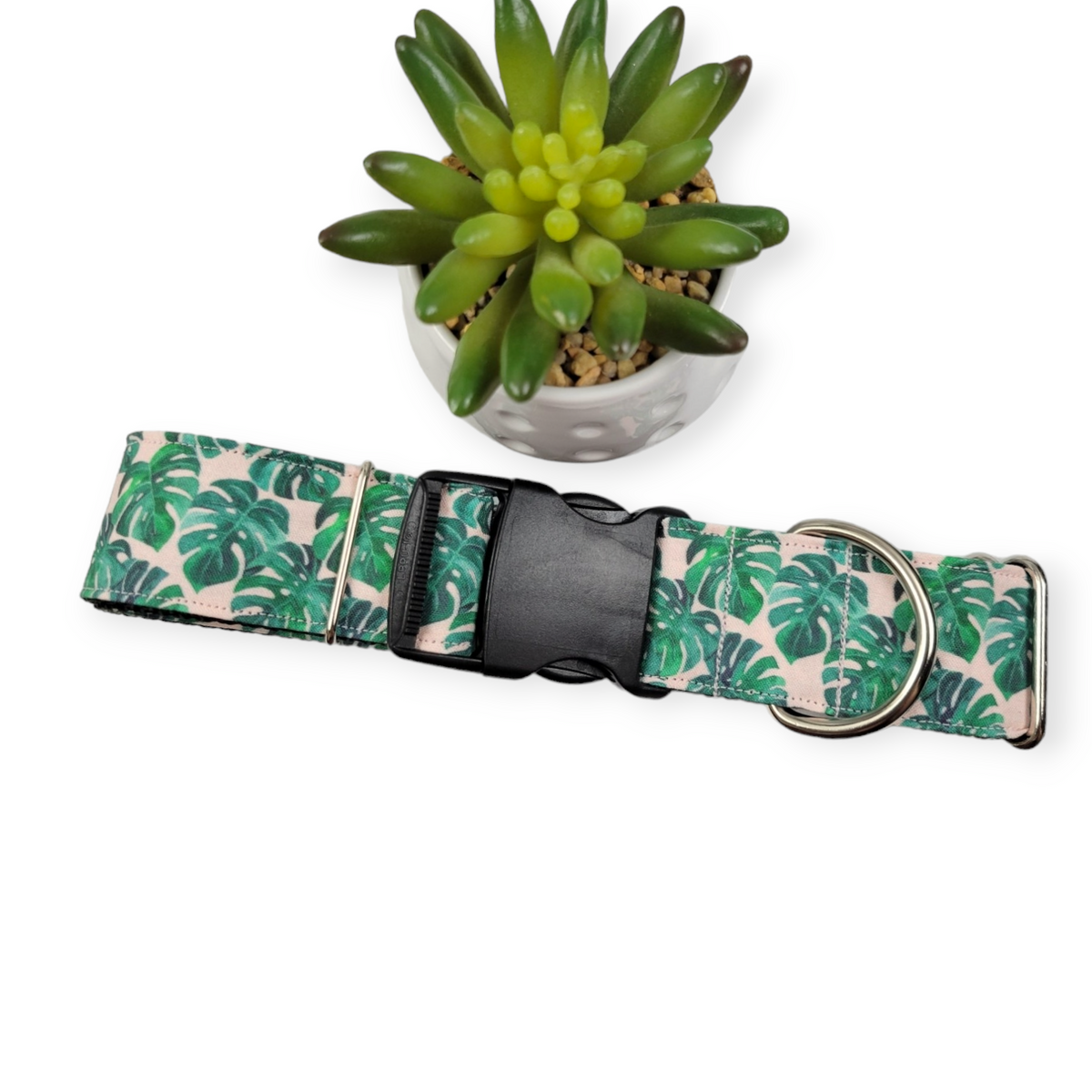 Pink Monstera Dog Collar (X-Large, 1.5" wide)