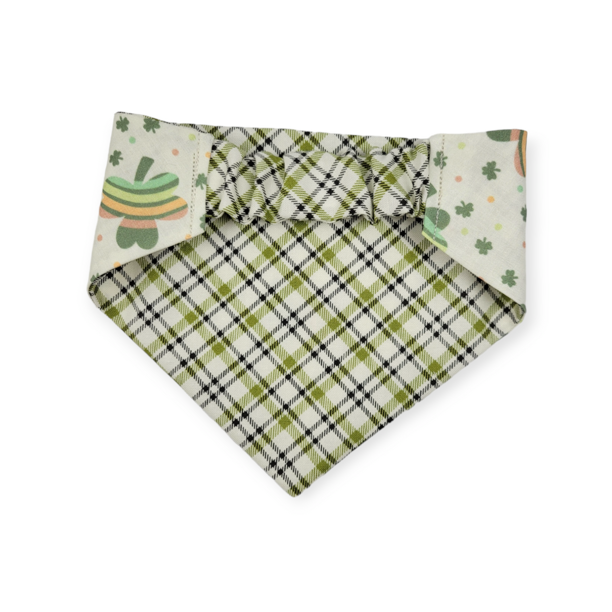 Rainbow Shamrock/Green Plaid Slip-on Scrunchie Bandana (Small)