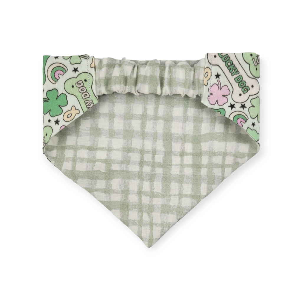 St. Patrick's Day Lucky Dog / Gingham Sage Plaid Slip-on Scrunchie Bandana (X-Small/Small)