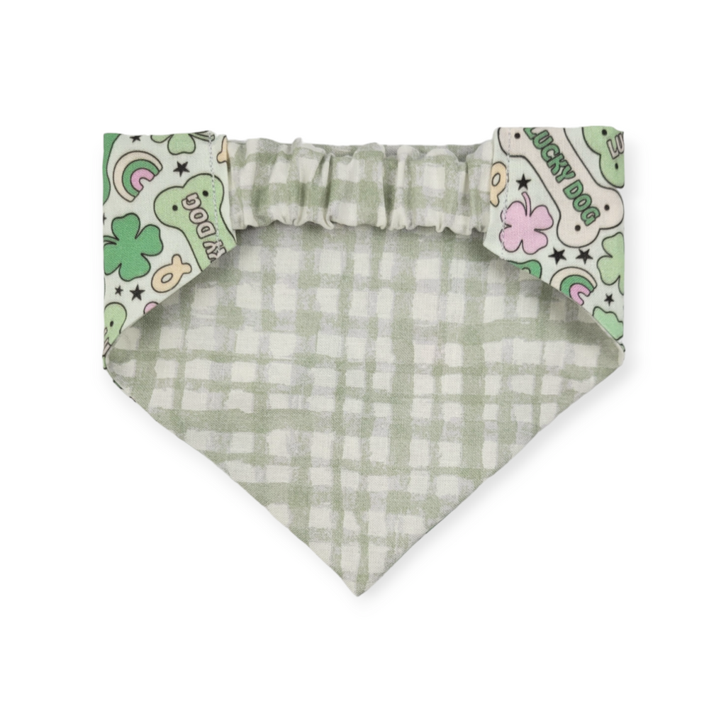 St. Patrick's Day Lucky Dog / Gingham Sage Plaid Slip-on Scrunchie Bandana (Small)
