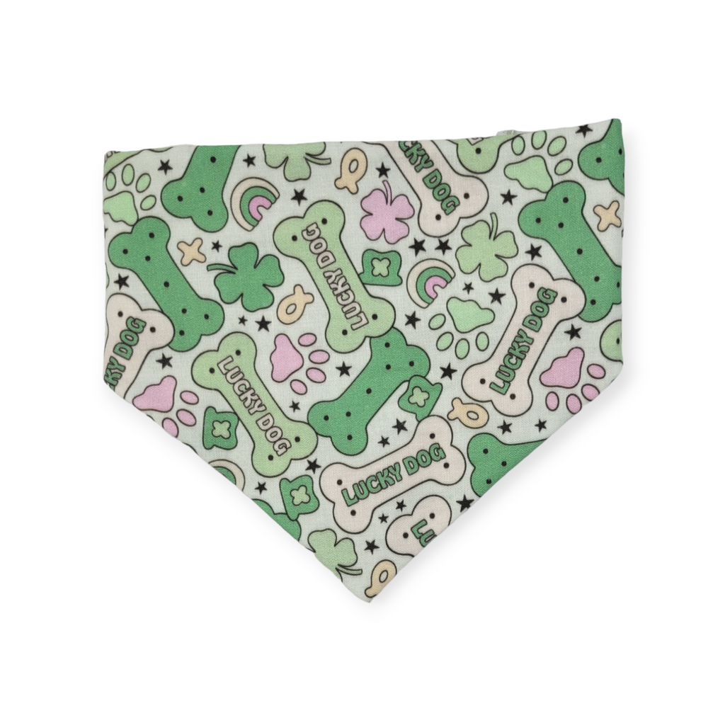 St. Patrick's Day Lucky Dog / Gingham Sage Plaid Slip-on Scrunchie Bandana (Small)