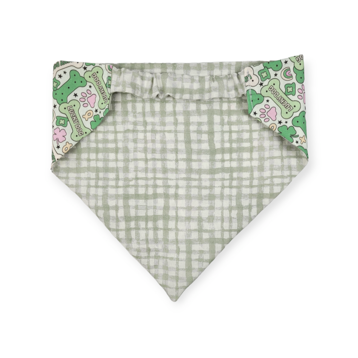 St. Patrick's Day Lucky Dog / Gingham Sage Plaid Slip-on Scrunchie Bandana (X-Large)