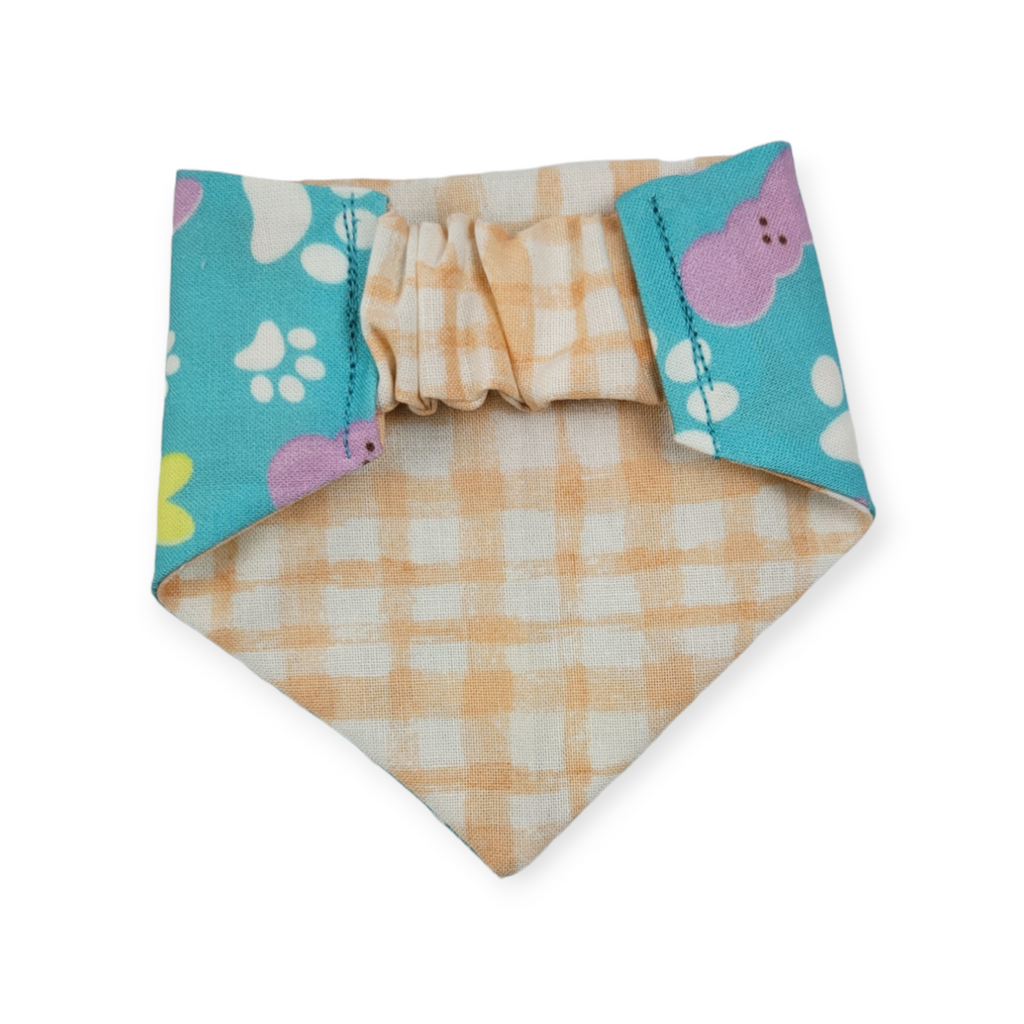 Easter Bunny Paw Prints/ Peach Gingham Plaid Slip-on Scrunchie Bandana (XX-Small)