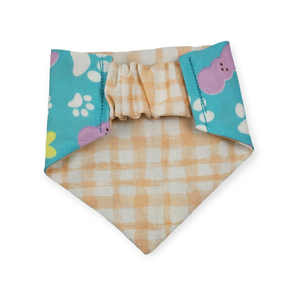 Easter Bunny Paw Prints/ Peach Gingham Plaid Slip-on Scrunchie Bandana (XX-Small)