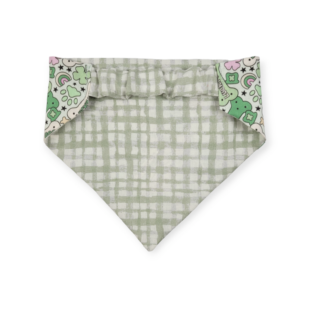 St. Patrick's Day Lucky Dog / Gingham Sage Plaid Slip-on Scrunchie Bandana (Medium/Large)