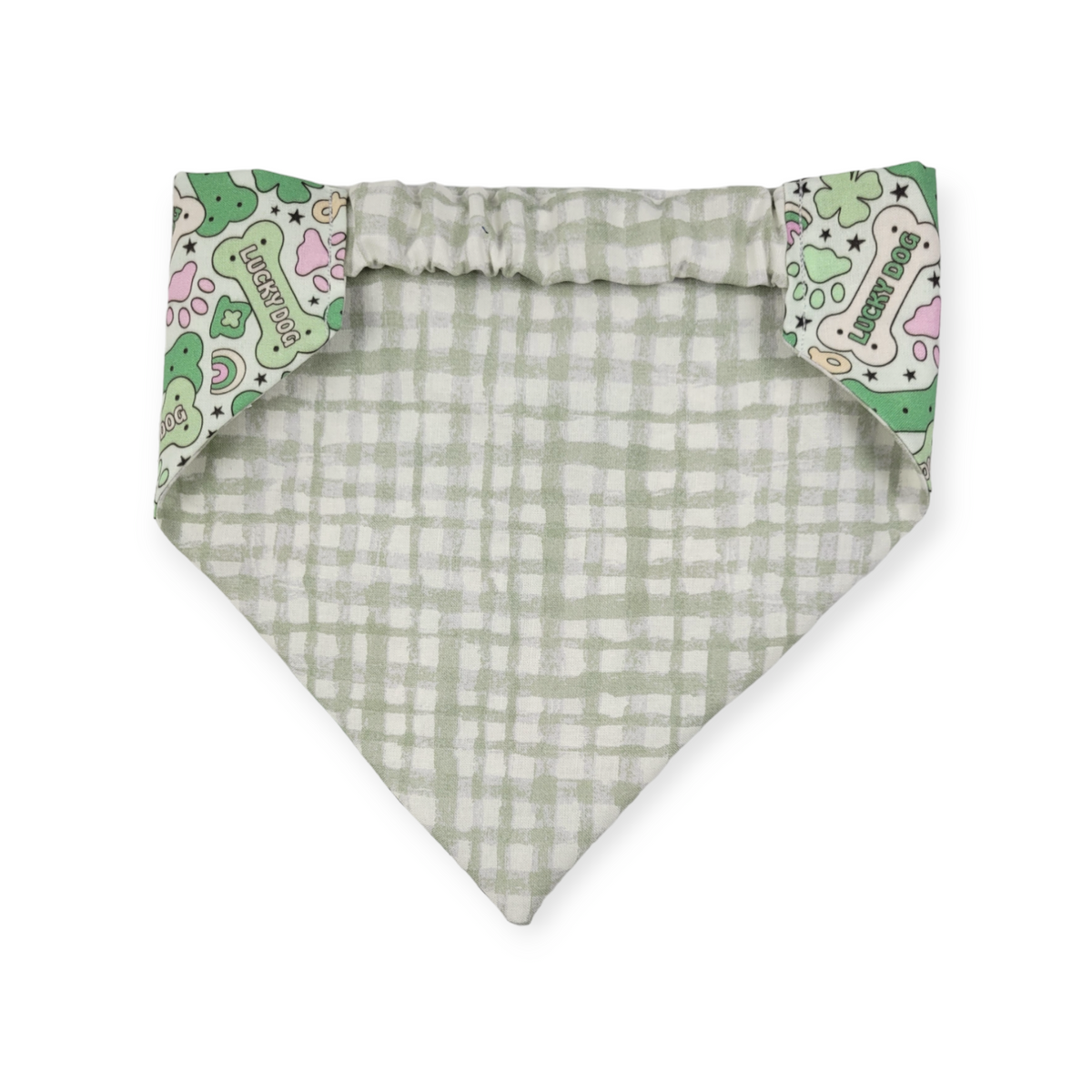 St. Patrick's Day Lucky Dog / Gingham Sage Plaid Slip-on Scrunchie Bandana (Large)