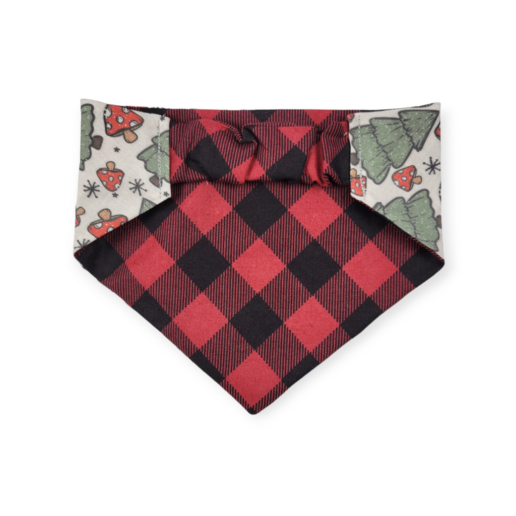 Christmas Mushrooms/Red Buffalo Plaid Slip-on Scrunchie Bandana (Small)