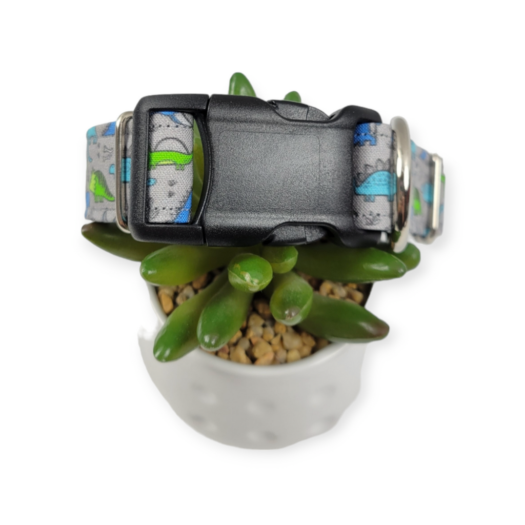 Green & Blue Dinosaurs on Grey Dog collar (Medium, 1" wide)