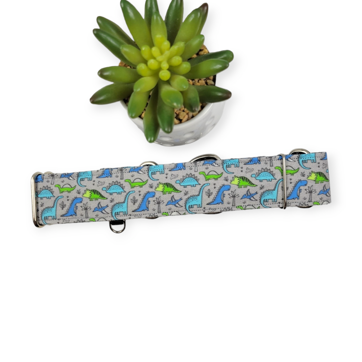 Green & Blue Dinosaurs on Grey Martingale Dog Collar (Large, 1.5" wide)
