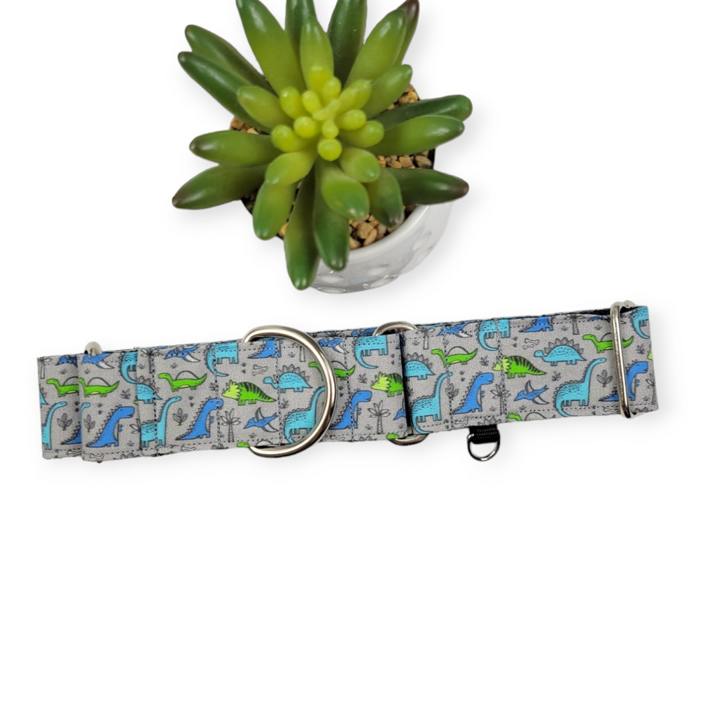 Green & Blue Dinosaurs on Grey Martingale Dog Collar (Large, 1.5" wide)
