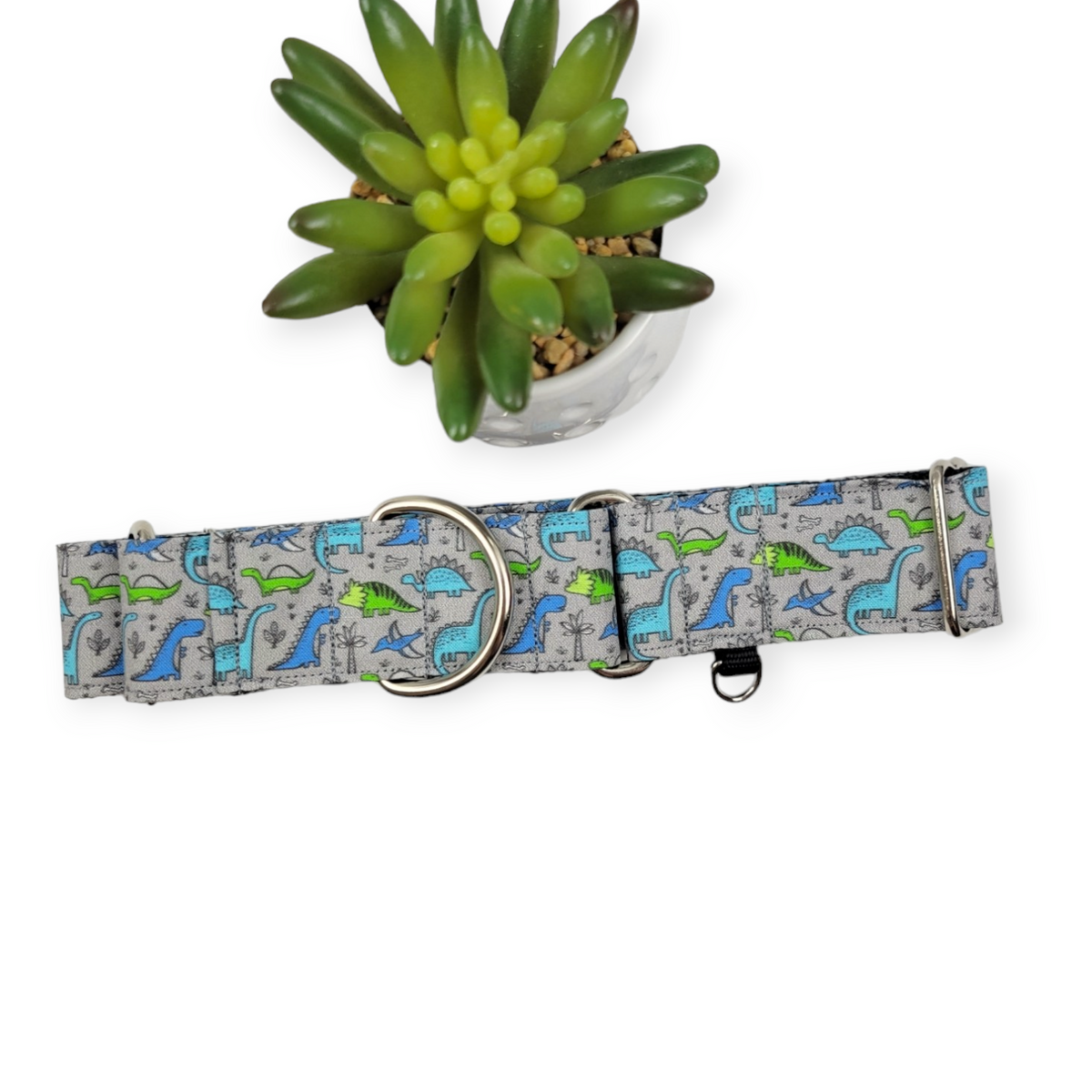 Green & Blue Dinosaurs on Grey Martingale Dog Collar (Large, 1.5" wide)