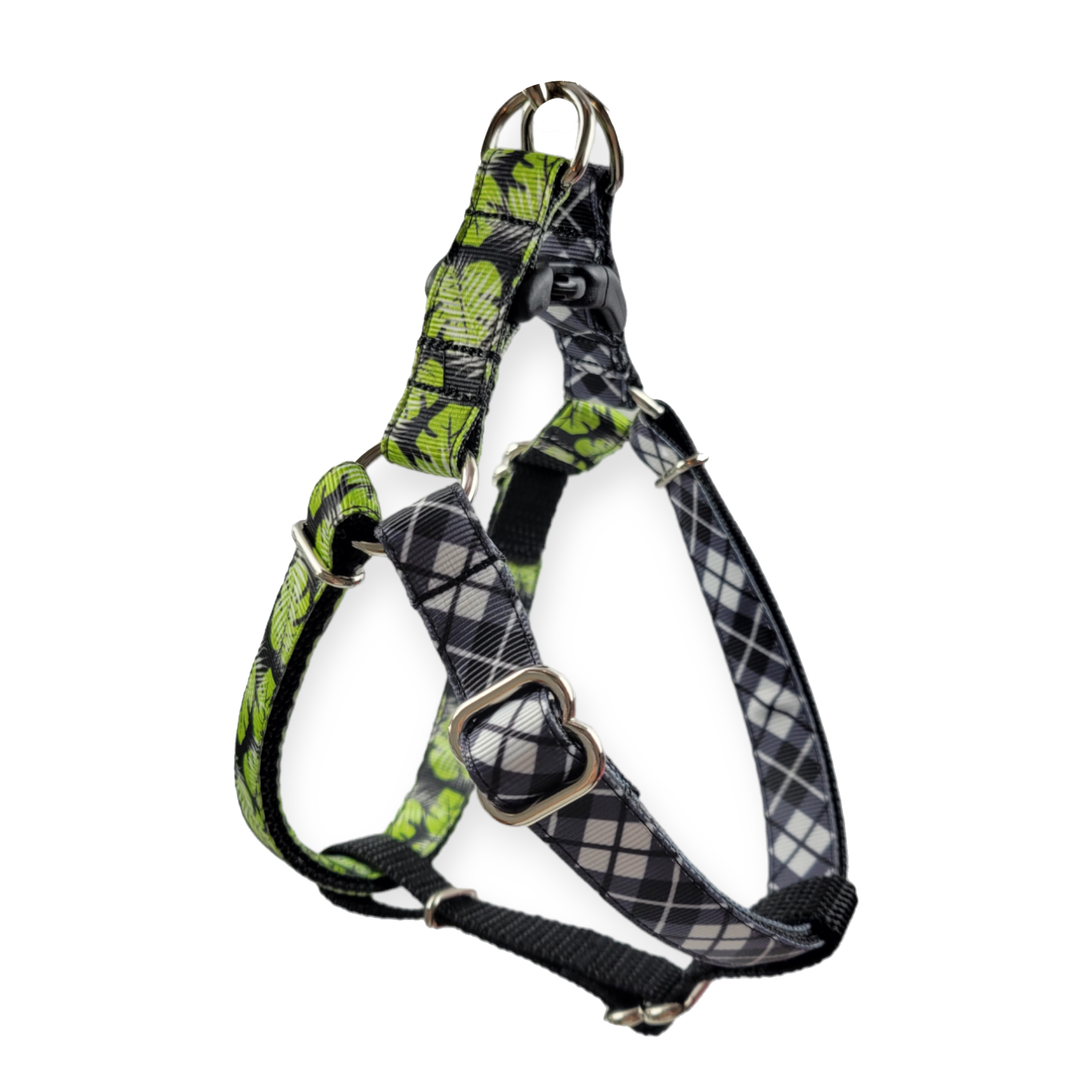 Monstera & Black Plaid Step-In Harness (Small)