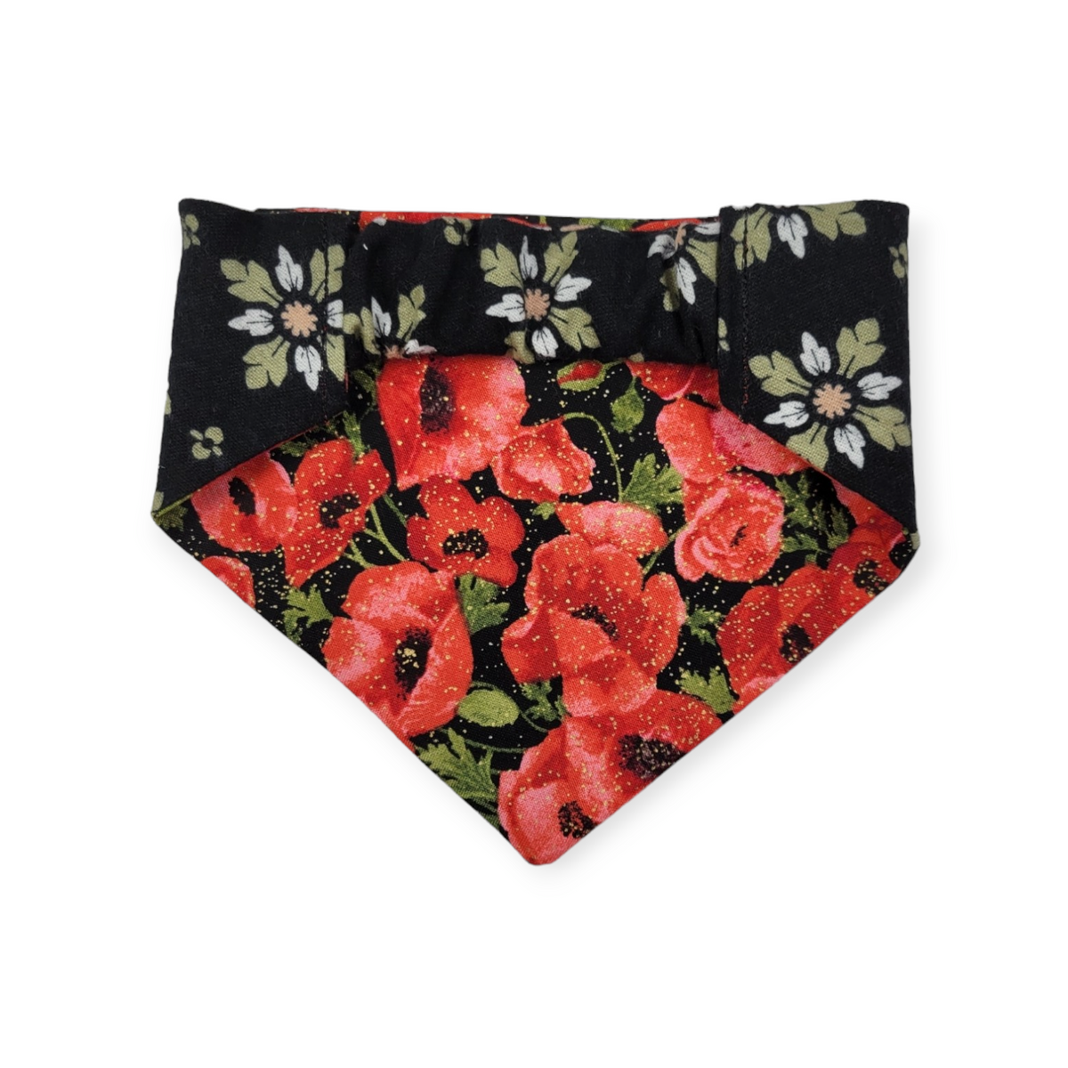 Red Poppy/Black Floral Geometric Reversible Slip-on Scrunchie Bandana (Small)