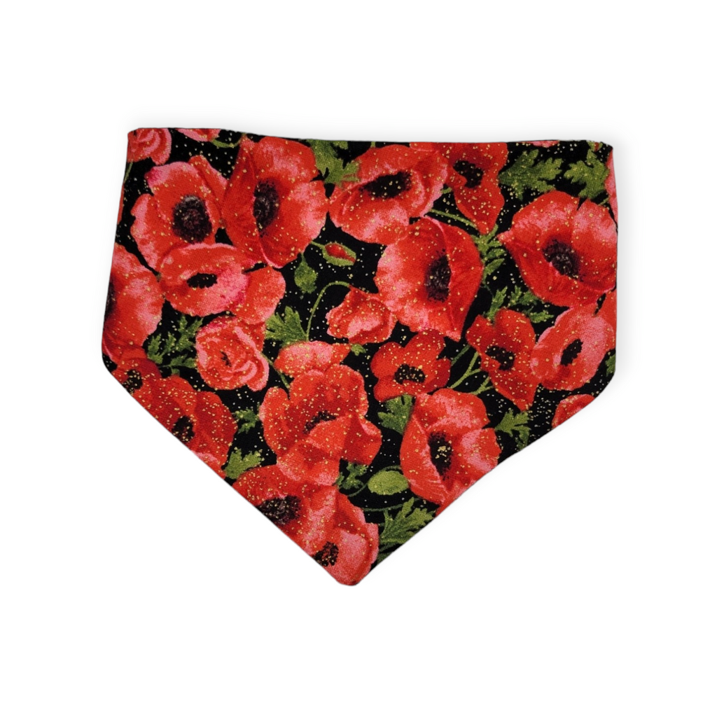Red Poppy/Black Floral Geometric Reversible Slip-on Scrunchie Bandana (Small)
