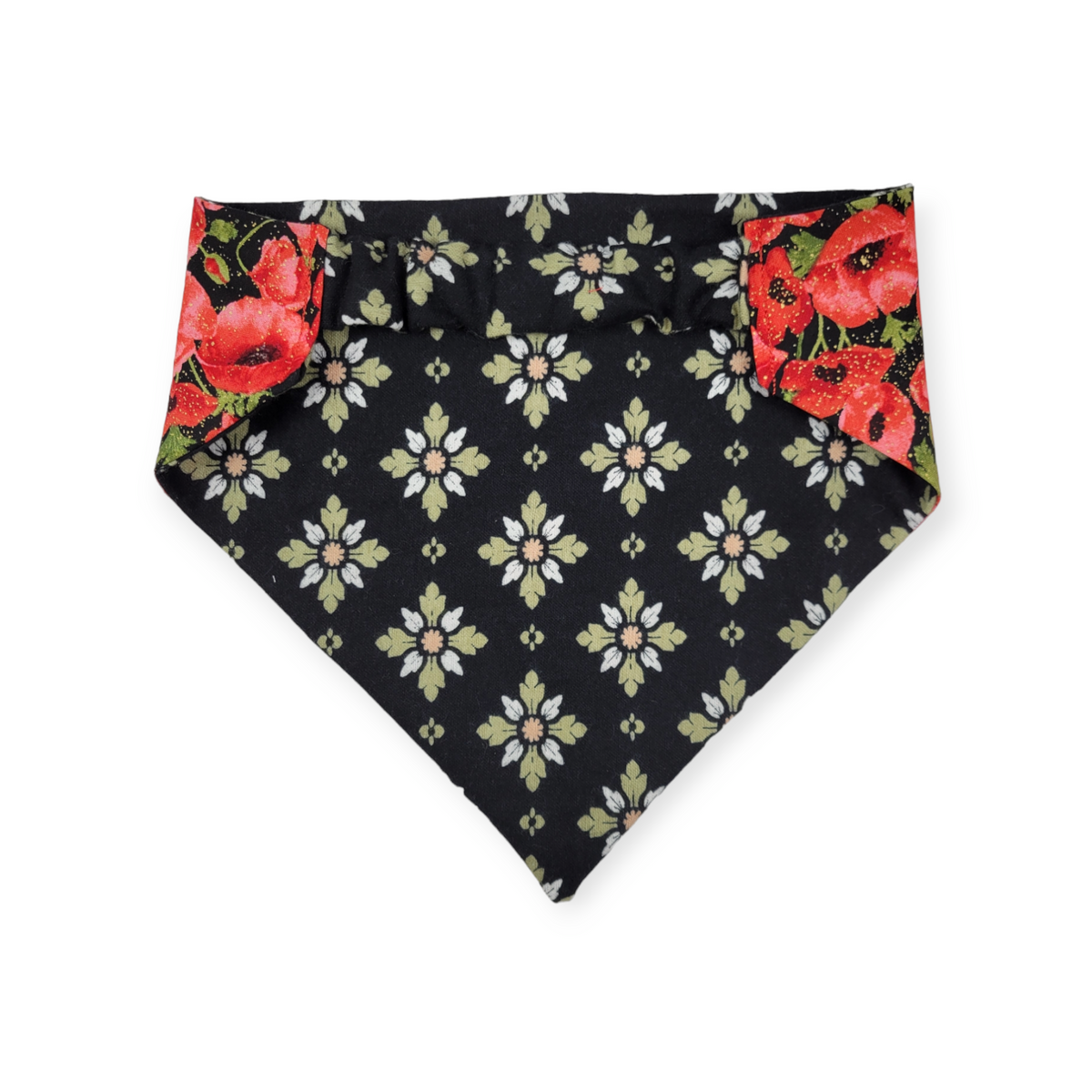Red Poppy/Black Floral Geometric Reversible Slip-on Scrunchie Bandana (Large/X-Large)