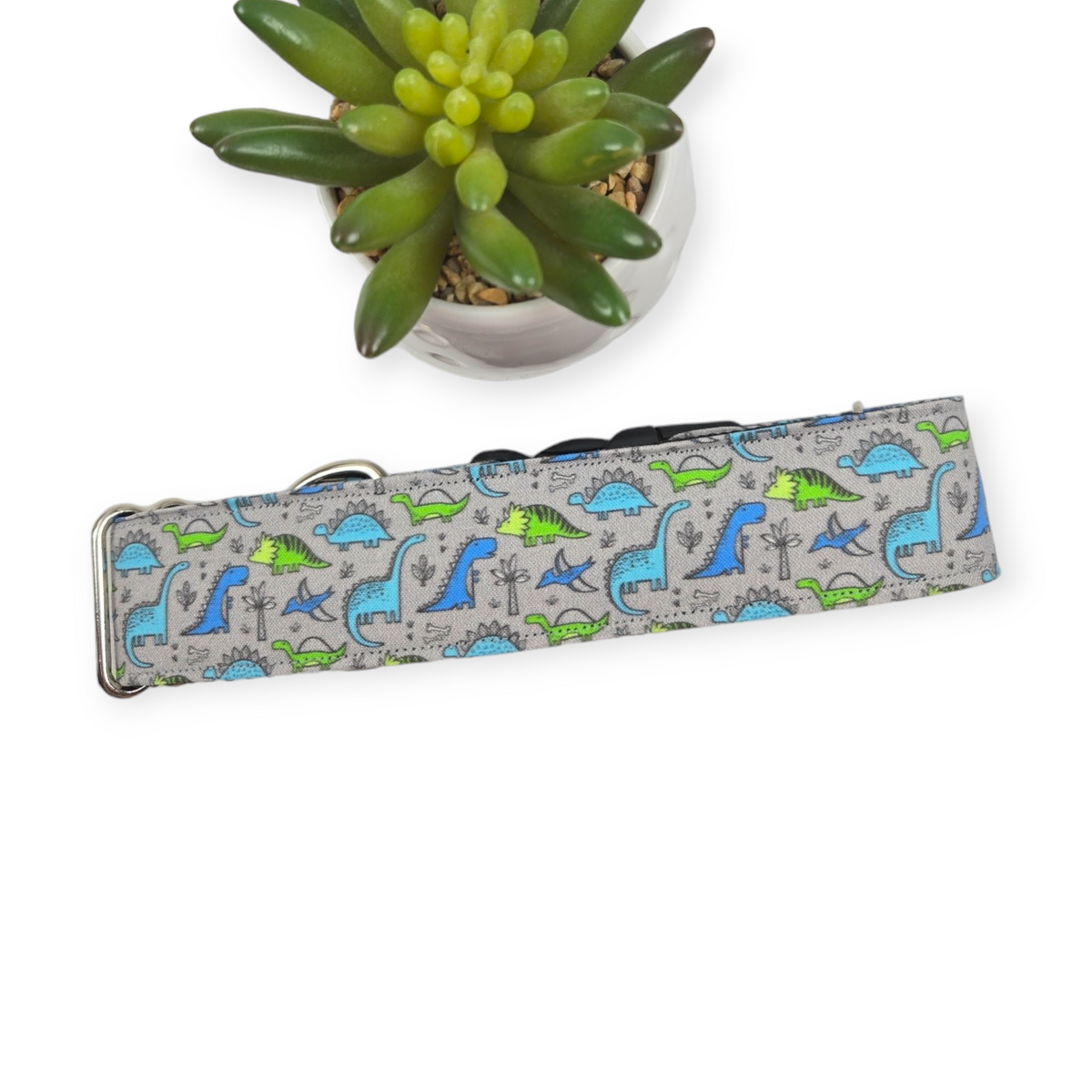 Green & Blue Dinosaurs on Grey Dog Collar (Large, 1.5" wide)