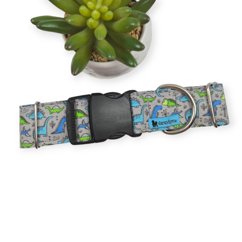Green & Blue Dinosaurs on Grey Dog Collar (Large, 1.5" wide)