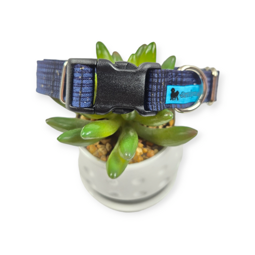 Blue Plaid Metallic Dog Collar (Medium)