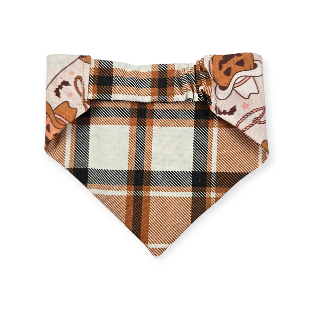 Cowboy Halloween/Burnt Orange Plaid Reversible Slip-on Scrunchie Bandana (Small)
